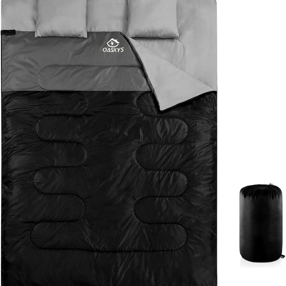 oaskys Double Sleeping Bag for Adults with 2 Pillows - Queen Size XL Waterproof Sleeping Bag for All Season Camping Hiking Backpacking 2 Person Sleeping Bags for Cold Weather & Warm